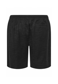Schwarze Shorts aus strukturiertem Stoff mit elastischem Bund und einer Gesäßtasche rechts hinten, Rückansicht.