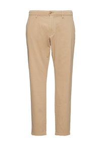Beige chino's met een slim fit, gemaakt van katoen. Heeft riemlussen, een knoopsluiting en twee zijzakken. Gladde textuur.