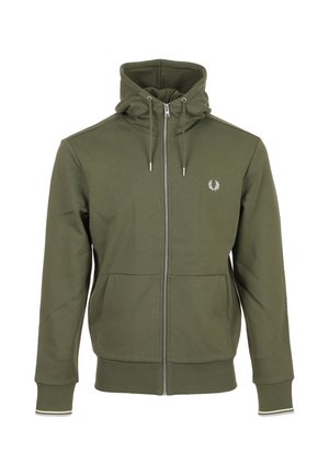 Green zip-up hoodie with drawstring hood, ribbed cuffs and hem, front pockets, and small white embroidered logo on left chest.