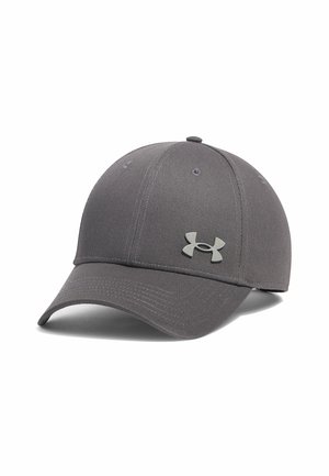 Cappellino da baseball aderente grigio scuro con visiera curva e logo Under Armour grigio chiaro sul pannello frontale centrale.