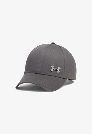 Ciemnoszara dopasowana czapka baseballowa z zakrzywionym daszkiem i jasnoszarym logo Under Armour na przednim środkowym panelu.