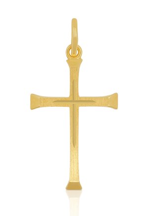 Goldfarbener Kreuzanhänger mit polierter Oberfläche, der ein symmetrisches Design und eine Schlaufe zur Befestigung aufweist. Minimalistische rechteckige Form.