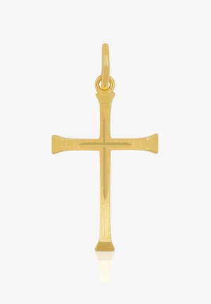 Pendentif croix en métal doré avec une finition polie, présentant un design symétrique et une boucle pour attacher. Forme rectangulaire minimaliste.