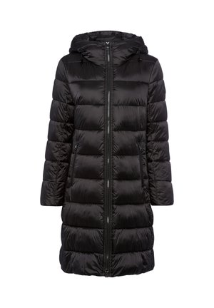 Schwarze Daunenjacke mit Kapuze, langen Ärmeln, Reißverschluss und Seitentaschen. Sie zeichnet sich durch gesteppte Nähte und eine glänzende, glatte Textur aus.
