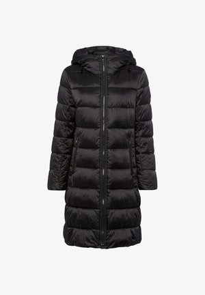 Black puffer coat with a hood, long sleeves, zip closure, and side pockets. Features quilted stitching and a shiny, smooth texture.