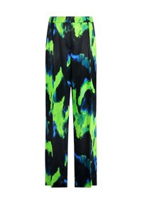 Pantalons à motifs avec une base noire et de vives conceptions abstraites vertes et bleues, fabriqués en tissu léger, avec une taille élastique.