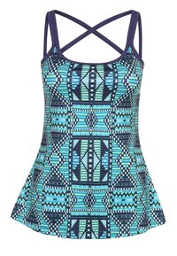Top multicolore con un motivo geometrico in tonalità di blu e verde. Include spalline incrociate regolabili e un orlo svasato.