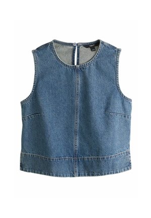 Sleeveless blue denim vest with round neckline, back button closure, and visible stitching details on front and sides.