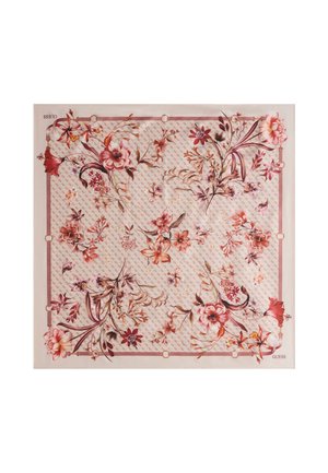 Vierkante sjaal met een roze achtergrond, gedetailleerde bloemmotieven in tinten rood, oranje en paars, en een subtiele geometrische print.