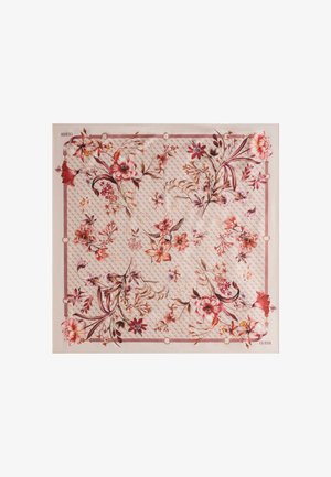 Kwadratowa chusta z różowym tłem, szczegółowymi kwiatowymi wzorami w odcieniach czerwieni, pomarańczy i fioletu oraz subtelnym geometrycznym nadrukiem.