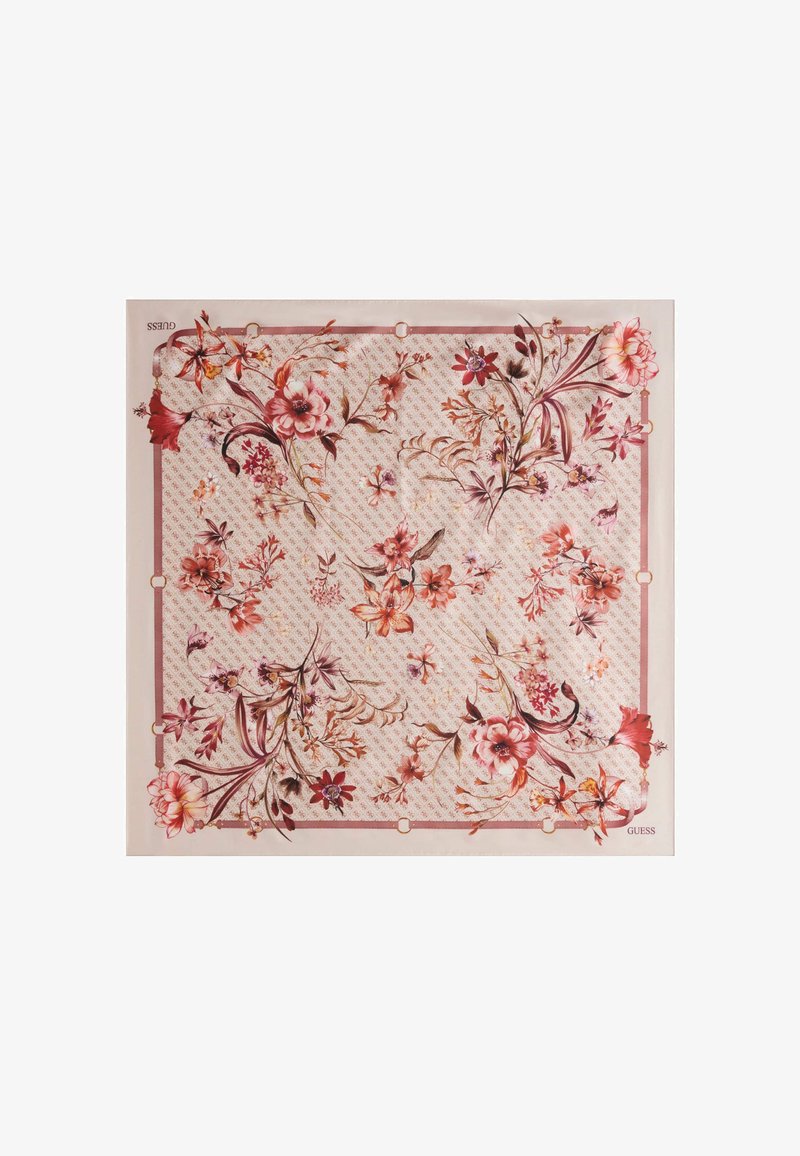 Négyzet alakú kendő rózsaszín háttérrel, részletes virágmintákkal piros, narancs és lila árnyalatokban, valamint finom geometriai mintázattal.