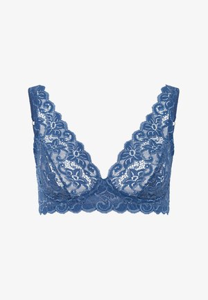 Bralette in pizzo di un profondo blu, caratterizzato da motivi floreali, bordi scallop e una scollatura a V profonda. Tessuto morbido e traslucido con spalline regolabili.
