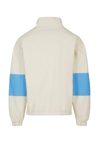 Light beige jacket with a high collar, featuring large blue stripes on the sleeves, elastic cuffs, and a relaxed fit.
