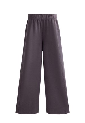 Pantaloni a gamba larga in tessuto grigio scuro con vita elasticizzata. Texture liscia e senza motivi visibili o dettagli metallici.