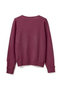 Maglione borgogna in morbido tessuto, con scollatura rotonda, polsini e orlo a costine, e due bottoni che decorano le maniche.