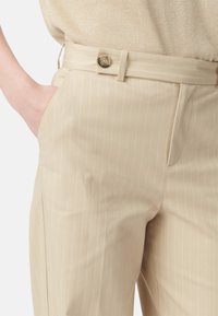 Beige gestreepte broek met een hoge taille, voorzakken en een knoopsluiting, gemaakt van een gladde stof met een getailleerde pasvorm.