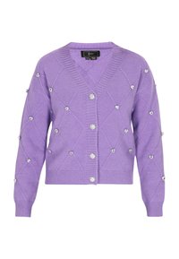Lila gestrickte Strickjacke mit einem Rautenmuster, verziert mit silbernen Akzenten und einem V-Ausschnitt. Abgeschlossen mit einer Knopfleiste vorne und gerippten Bündchen.