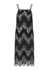 Melna mežģīņu slip kleita ar ziedu rakstiem, viļņotu apakšmalu un plānām regulējamām plecu siksnām.