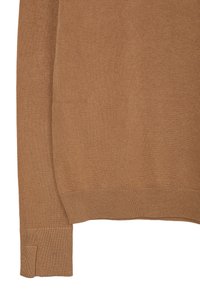 Maglione marrone lavorato a maglia con maniche lunghe, caratterizzato da polsini a coste e una superficie liscia. L'orlo presenta delle aperture laterali per un tocco di dettaglio.