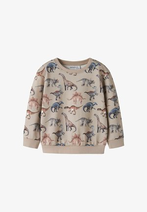 Beige barnegenser med lange ermer og helprint med flerfargede dinosaurillustrasjoner, inkludert T-Rex, Triceratops, Stegosaurus og Brachiosaurus.