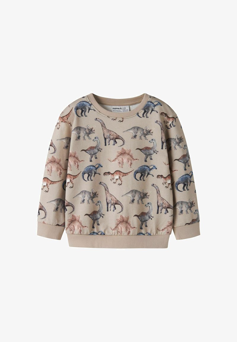 Sweat-shirt beige à manches longues pour enfants avec des illustrations multicolores de dinosaures sur toute la surface, comprenant T-Rex, Tricératops, Stégosaure et Brachiosaure.