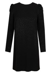 Robe noire à manches longues avec un motif jacquard floral subtil, épaules bouffantes et encolure ronde.
