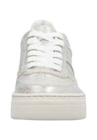 Silver sneaker with textured metallic upper, white laces, and a white rubber sole. Features tonal stitching and a rounded toe design.
