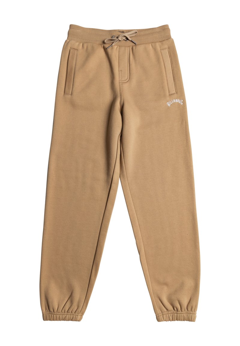 Beige-harmaat, joissa on kiristysnauha vyötäröllä, joustavat hihnat, kaksi sivutaskua ja pieni valkoinen logo vasemmassa reidessä. Sileä pinta.