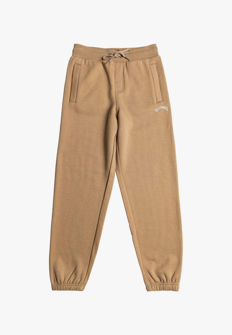 Beige-harmaat, joissa on kiristysnauha vyötäröllä, joustavat hihnat, kaksi sivutaskua ja pieni valkoinen logo vasemmassa reidessä. Sileä pinta.