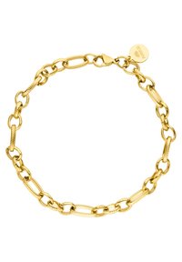 Goldene Armbandkette mit strukturierten und glatten ovalen Gliedern, gesichert mit einem Verschluss und einem Markenschild. Das Gesamtdesign ist schlicht und elegant.