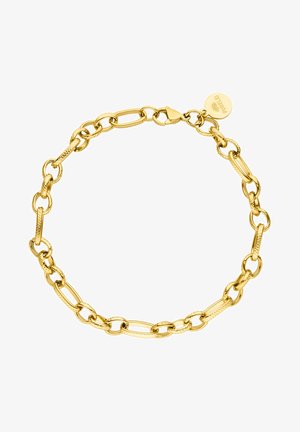 Gold chain bracelet featuring textured and smooth oval links, secured with a clasp and branded tag. The overall design is simple and elegant.