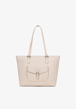 Cream-colored leather tote bag with two shoulder straps and a front pocket featuring a buckle closure.