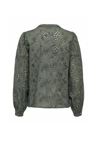 Blusa verde ricamata con motivi floreali, maniche a sbuffo e scollatura rotonda. Tessuto morbido con dettagli ritagliati su tutta la superficie.