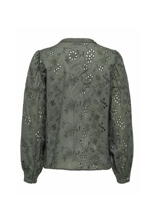 Green embroidered blouse featuring floral patterns, puffed sleeves, and a round neckline. Soft material with cut-out details throughout.