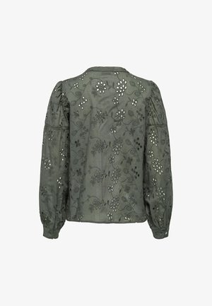 Green embroidered blouse featuring floral patterns, puffed sleeves, and a round neckline. Soft material with cut-out details throughout.