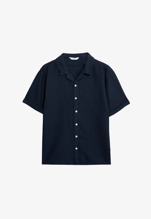 Short-sleeve button-up shirt in dark navy, made from textured fabric, featuring a notched collar and six white buttons down the front.
