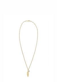 Goudkleurige ketting met een fijne ketting, voorzien van een bladvormige hanger en een klein, helder edelsteentje als accent. Strak en minimalistisch ontwerp.