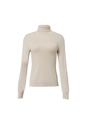 Beige turtleneck sweater made of ribbed knit fabric. Features long, fitted sleeves and a high neck for added warmth. Minimalist design.