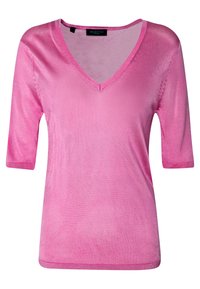Top rosa a maniche corte con scollo a V realizzato in tessuto morbido. Presenta una texture liscia e dettagli a costine sul colletto e sulle maniche.