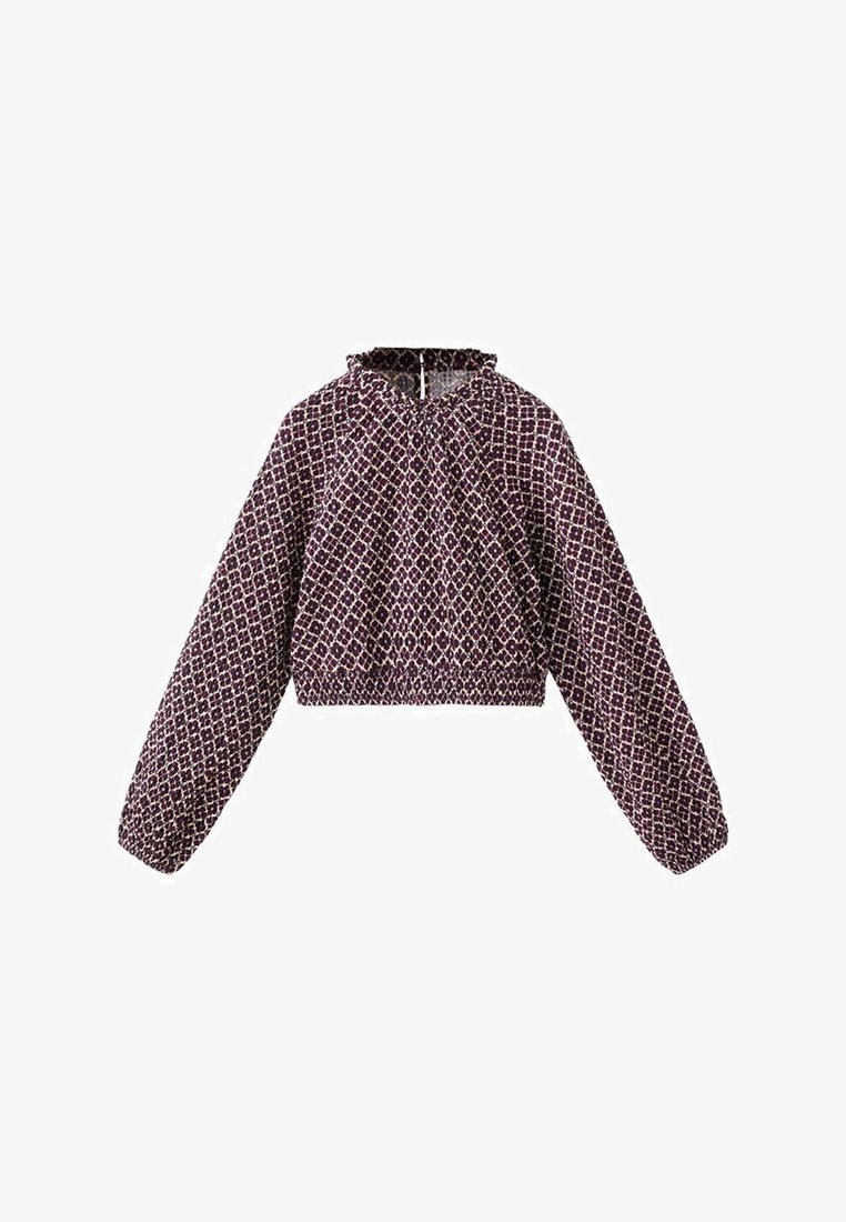 Giacca corta con cappuccio di colore viola scuro con un motivo geometrico. Presenta polsini elasticizzati e chiusura con zip. Tessuto leggero e testurizzato.