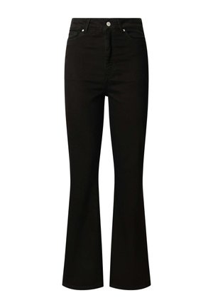 Zwarte flared jeans van denim. Hoge taille met een sluiting aan de voorkant met een knoop. Beschikt over vijf zakken en gestikte details langs de naden.
