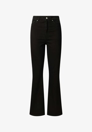 Black flared jeans made of denim. High-rise waist with a front button closure. Features five pockets and stitched detailing along the seams.