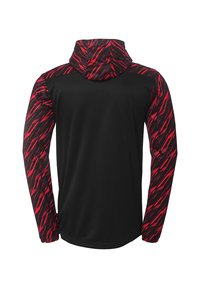 Langærmet hættetrøje med sort krop og røde striber på ærmerne og huen, lavet af fugttransporterende materiale.