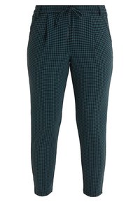 Pantalones con estampado de pata de gallo en verde oscuro y negro, con cinturilla elástica y cordón de ajuste, además de bolsillos laterales.