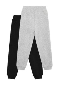 Zwei Paare Kinder-Sweatpants, eines in Hellgrau und eines in Schwarz, beide mit elastischem Bund und Bündchen.