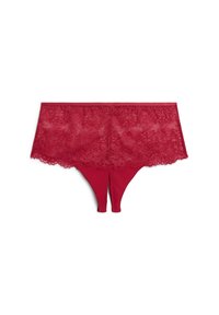 Červené čipkované hipster nohavičky s kvetinov�ým vzorom a hladkým elastickým pásom. Majú okraj s vlnkovaným čipkovaním na vrchu.