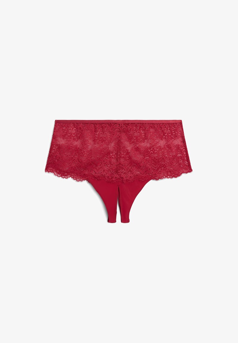 Red lace hipster panties with a floral pattern and a smooth elastic waistband. Features a scalloped lace edge on the top.