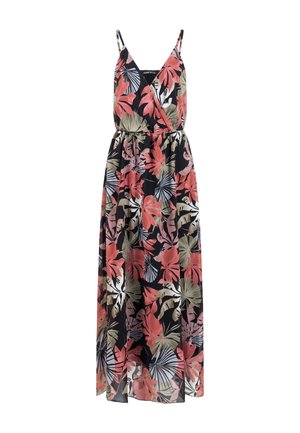 Vestido maxi sin mangas con estampado de hojas tropicales rosas, verdes y blancas sobre fondo negro, con cuerpo estilo cruzado y tirantes finos.