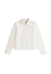 White long-sleeve button-up shirt with a collar, featuring a tailored fit and smooth texture, displaying subtle sheen and minimal detailing.