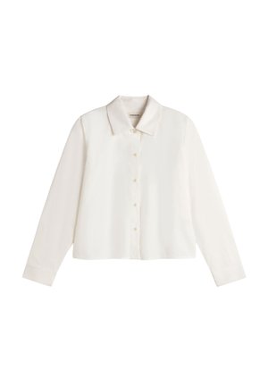 White long-sleeve button-up shirt with a collar, featuring a tailored fit and smooth texture, displaying subtle sheen and minimal detailing.